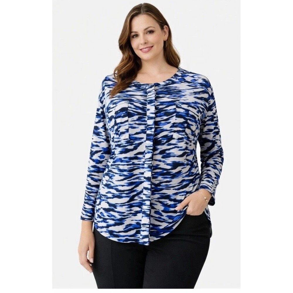 Dana Buchman Women Abstract Print Long Sleeve Button -up Shirt Blue Size‎ XL